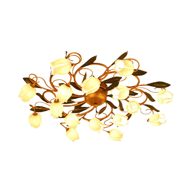 Metal Brass Ceiling Flush Lily/Tulip 16 Heads American Garden LED Semi Mount Lighting for Bedroom Clearhalo 'Ceiling Lights' 'Close To Ceiling Lights' 'Close to ceiling' 'Semi-flushmount' Lighting' 391547