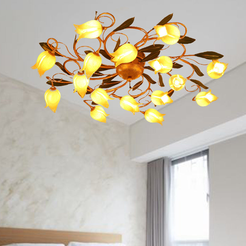 Metal Brass Ceiling Flush Lily/Tulip 16 Heads American Garden LED Semi Mount Lighting for Bedroom Clearhalo 'Ceiling Lights' 'Close To Ceiling Lights' 'Close to ceiling' 'Semi-flushmount' Lighting' 391549