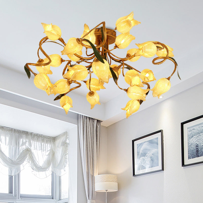 Starburst Living Room Semi Flush American Flower Metal 25-Head LED Brass Ceiling Mount Light Fixture Clearhalo 'Ceiling Lights' 'Close To Ceiling Lights' 'Close to ceiling' 'Semi-flushmount' Lighting' 391557