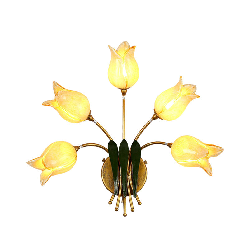 5 Bulbs Wall Light Sconce American Garden Bedroom LED Wall Lighting Fixture with Lily/Tulip Frosted Glass Shade in Gold Clearhalo 'Wall Lamps & Sconces' 'Wall Lights' Lighting' 391649