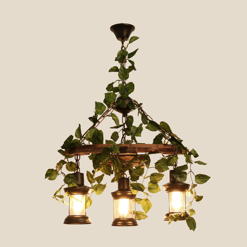 Green Lantern Chandelier Lighting Fixture Industrial Wooden 3/6/8 Heads Restaurant LED Plant Ceiling Light, 21.5"/27"/30" W Clearhalo 'Carpenter Chandeliers' 'Ceiling Lights' 'Chandeliers' 'Industrial Chandeliers' 'Industrial' 'Middle Century Chandeliers' 'Modern' 'Tiffany' Lighting' 391822
