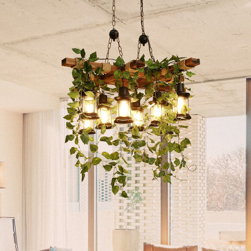 Green Lantern Chandelier Lighting Fixture Industrial Wooden 3/6/8 Heads Restaurant LED Plant Ceiling Light, 21.5"/27"/30" W Clearhalo 'Carpenter Chandeliers' 'Ceiling Lights' 'Chandeliers' 'Industrial Chandeliers' 'Industrial' 'Middle Century Chandeliers' 'Modern' 'Tiffany' Lighting' 391825