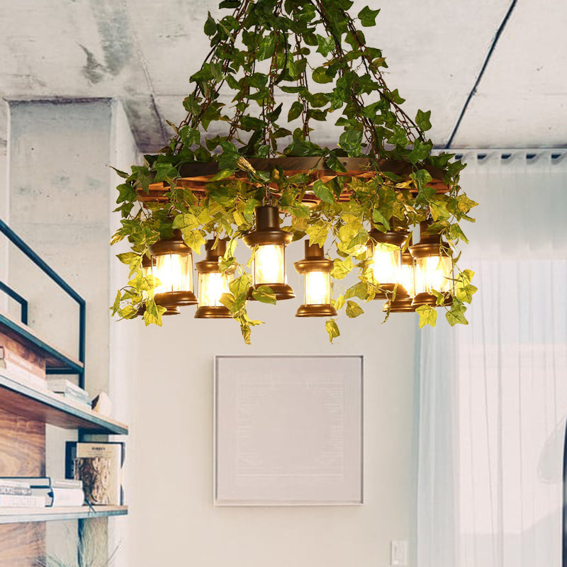 Green Lantern Chandelier Lighting Fixture Industrial Wooden 3/6/8 Heads Restaurant LED Plant Ceiling Light, 21.5"/27"/30" W Clearhalo 'Carpenter Chandeliers' 'Ceiling Lights' 'Chandeliers' 'Industrial Chandeliers' 'Industrial' 'Middle Century Chandeliers' 'Modern' 'Tiffany' Lighting' 391829