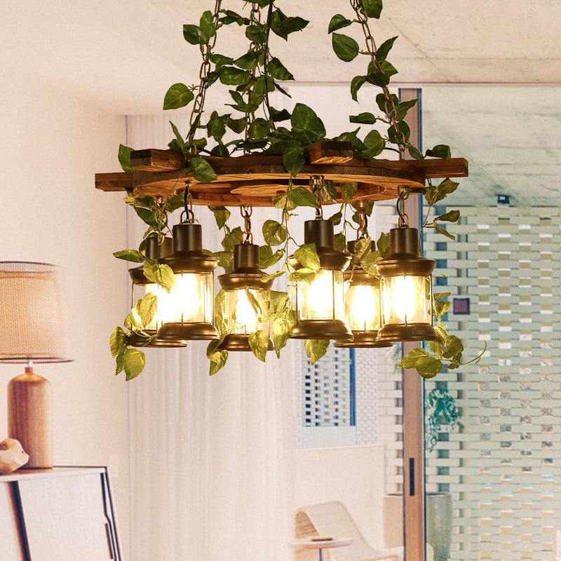 Green Lantern Chandelier Lighting Fixture Industrial Wooden 3/6/8 Heads Restaurant LED Plant Ceiling Light, 21.5"/27"/30" W Green 31" Clearhalo 'Carpenter Chandeliers' 'Ceiling Lights' 'Chandeliers' 'Industrial Chandeliers' 'Industrial' 'Middle Century Chandeliers' 'Modern' 'Tiffany' Lighting' 391832