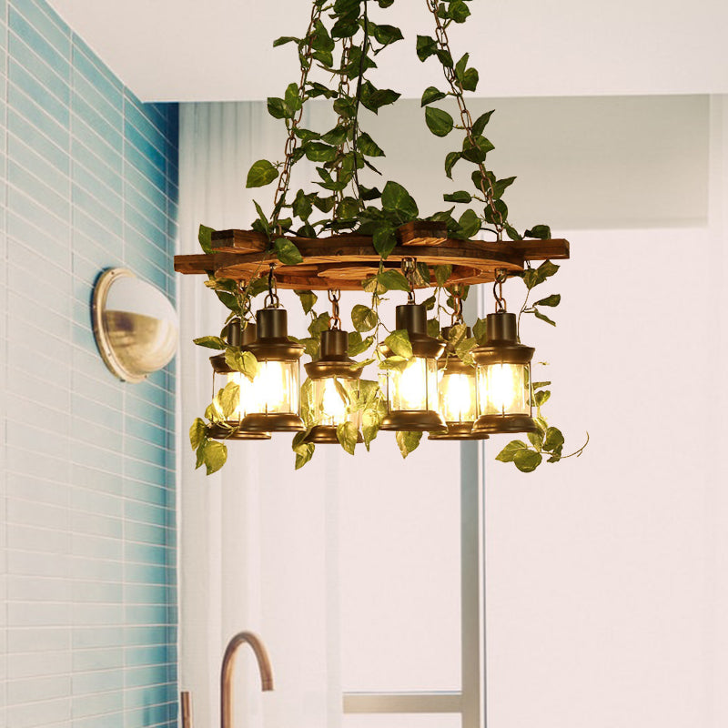 Green Lantern Chandelier Lighting Fixture Industrial Wooden 3/6/8 Heads Restaurant LED Plant Ceiling Light, 21.5"/27"/30" W Clearhalo 'Carpenter Chandeliers' 'Ceiling Lights' 'Chandeliers' 'Industrial Chandeliers' 'Industrial' 'Middle Century Chandeliers' 'Modern' 'Tiffany' Lighting' 391833