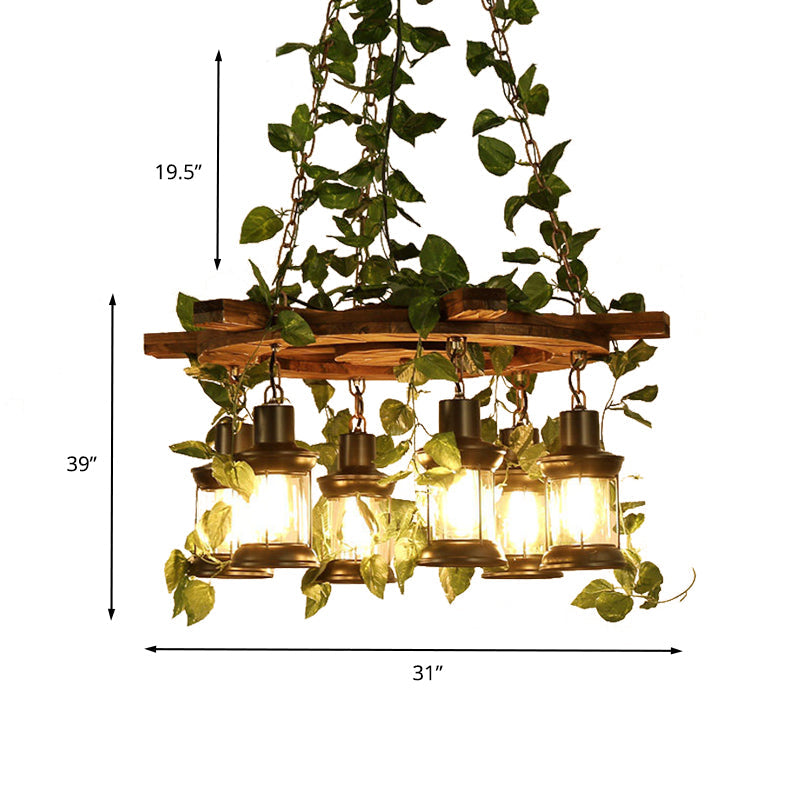 Green Lantern Chandelier Lighting Fixture Industrial Wooden 3/6/8 Heads Restaurant LED Plant Ceiling Light, 21.5"/27"/30" W Clearhalo 'Carpenter Chandeliers' 'Ceiling Lights' 'Chandeliers' 'Industrial Chandeliers' 'Industrial' 'Middle Century Chandeliers' 'Modern' 'Tiffany' Lighting' 391835