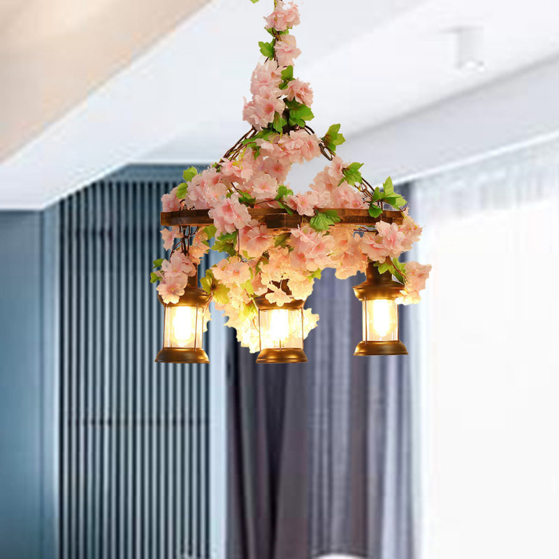 Vintage Lantern Pendant Chandelier 3/6/8 Heads Wooden LED Flower Suspension Light in Pink, 21.5"/27"/30" Wide Pink 21.5" Clearhalo 'Carpenter Chandeliers' 'Ceiling Lights' 'Chandeliers' 'Industrial Chandeliers' 'Industrial' 'Middle Century Chandeliers' 'Modern' 'Tiffany' Lighting' 391836