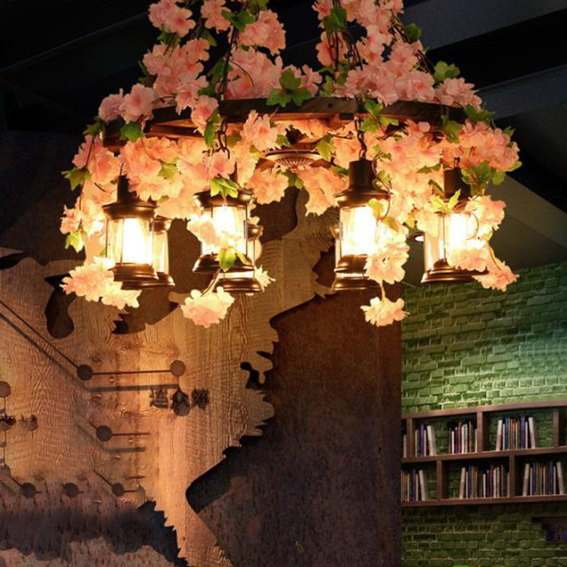 Vintage Lantern Pendant Chandelier 3/6/8 Heads Wooden LED Flower Suspension Light in Pink, 21.5"/27"/30" Wide Pink 30" Clearhalo 'Carpenter Chandeliers' 'Ceiling Lights' 'Chandeliers' 'Industrial Chandeliers' 'Industrial' 'Middle Century Chandeliers' 'Modern' 'Tiffany' Lighting' 391841