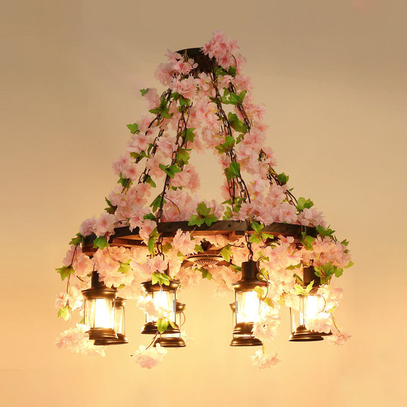 Vintage Lantern Pendant Chandelier 3/6/8 Heads Wooden LED Flower Suspension Light in Pink, 21.5"/27"/30" Wide Clearhalo 'Carpenter Chandeliers' 'Ceiling Lights' 'Chandeliers' 'Industrial Chandeliers' 'Industrial' 'Middle Century Chandeliers' 'Modern' 'Tiffany' Lighting' 391842