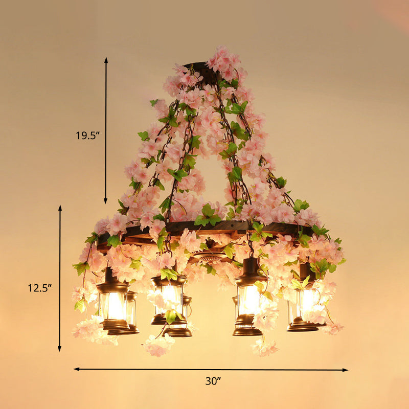 Vintage Lantern Pendant Chandelier 3/6/8 Heads Wooden LED Flower Suspension Light in Pink, 21.5"/27"/30" Wide Clearhalo 'Carpenter Chandeliers' 'Ceiling Lights' 'Chandeliers' 'Industrial Chandeliers' 'Industrial' 'Middle Century Chandeliers' 'Modern' 'Tiffany' Lighting' 391843