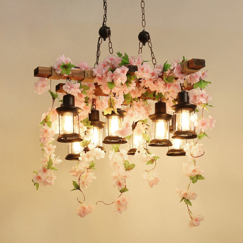 Vintage Lantern Pendant Chandelier 3/6/8 Heads Wooden LED Flower Suspension Light in Pink, 21.5"/27"/30" Wide Pink 27" Clearhalo 'Carpenter Chandeliers' 'Ceiling Lights' 'Chandeliers' 'Industrial Chandeliers' 'Industrial' 'Middle Century Chandeliers' 'Modern' 'Tiffany' Lighting' 391844