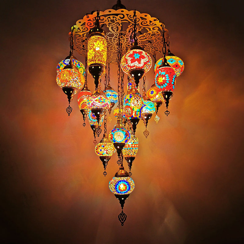 Orange/Blue Oval and Cylinder Hanging Light Fixture Traditional Stained Glass 19 Heads Restaurant Chandelier Lamp Orange Clearhalo 'Ceiling Lights' 'Chandeliers' 'Glass shade' 'Glass' Lighting' 391870