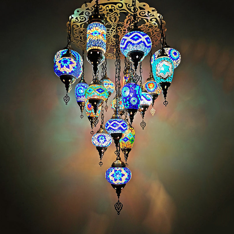 Orange/Blue Oval and Cylinder Hanging Light Fixture Traditional Stained Glass 19 Heads Restaurant Chandelier Lamp Blue Clearhalo 'Ceiling Lights' 'Chandeliers' 'Glass shade' 'Glass' Lighting' 391872