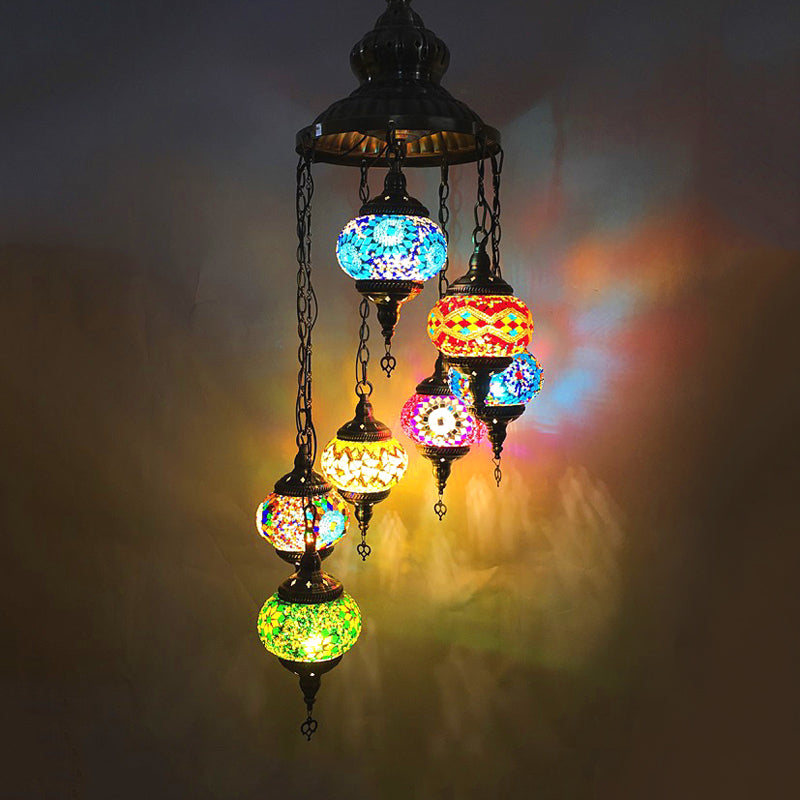 Oval Hand Cut Glass Suspension Lighting Vintage 7 Heads Bedroom Pendant Chandelier in Blue Blue Clearhalo 'Ceiling Lights' 'Chandeliers' 'Glass shade' 'Glass' Lighting' 391884