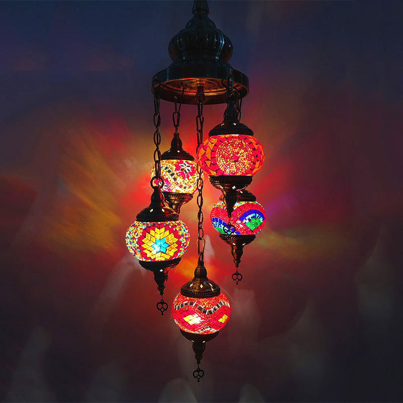 Oval Living Room Chandelier Lighting Traditional Stained Glass 5 Heads White/Orange/Blue Hanging Ceiling Light Clearhalo 'Ceiling Lights' 'Chandeliers' 'Glass shade' 'Glass' 'Pendant Lights' Lighting' 391897