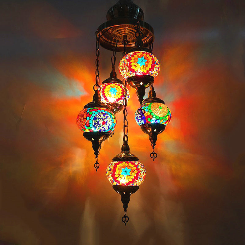 Oval Living Room Chandelier Lighting Traditional Stained Glass 5 Heads White/Orange/Blue Hanging Ceiling Light Clearhalo 'Ceiling Lights' 'Chandeliers' 'Glass shade' 'Glass' 'Pendant Lights' Lighting' 391901
