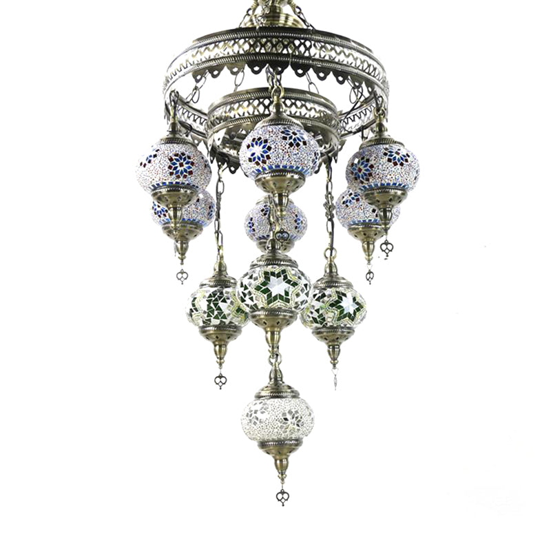 10 Heads Oval Hanging Light Fixture Traditional Red/Pink/Yellow Multicolored Stained Glass Chandelier Lamp Purple Clearhalo 'Ceiling Lights' 'Chandeliers' 'Glass shade' 'Glass' Lighting' 391933