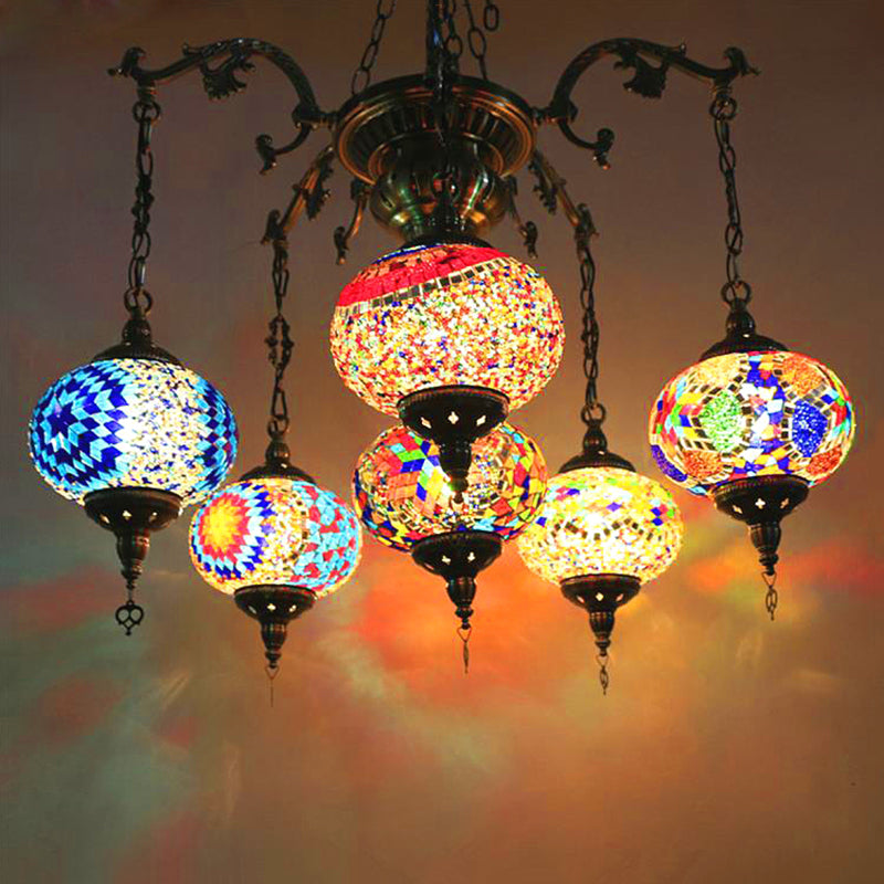 Bronze 4/6 Heads Pendant Chandelier Vintage Hand Cut Glass Oval Pendant Ceiling Light 6 Bronze Clearhalo 'Ceiling Lights' 'Chandeliers' 'Glass shade' 'Glass' Lighting' 391941