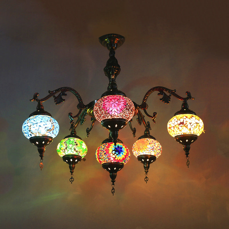 Stained Glass Bronze Hanging Chandelier Oval 6 Heads Traditional Suspension Light Clearhalo 'Ceiling Lights' 'Chandeliers' 'Glass shade' 'Glass' Lighting' 391946