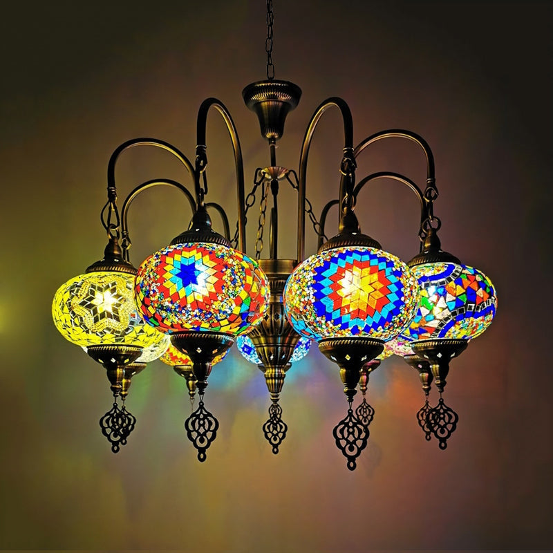 9 Heads Oval Ceiling Pendant Light Vintage Yellow/Green Hand Cut Glass Chandelier Lighting Yellow Clearhalo 'Ceiling Lights' 'Chandeliers' 'Glass shade' 'Glass' Lighting' 391960