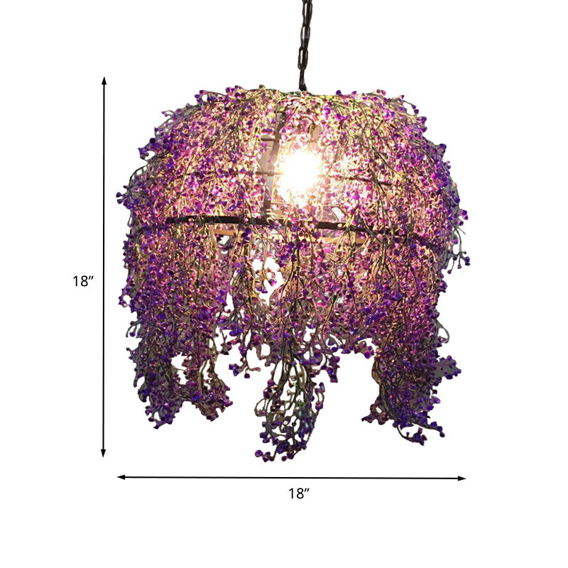 Metal Dome Drop Lamp Vintage 1 Light Restaurant LED Pendant Lighting in Purple with Flower Decoration Clearhalo 'Art Deco Pendants' 'Cast Iron' 'Ceiling Lights' 'Ceramic' 'Crystal' 'Industrial Pendants' 'Industrial' 'Metal' 'Middle Century Pendants' 'Pendant Lights' 'Pendants' 'Tiffany' Lighting' 392225