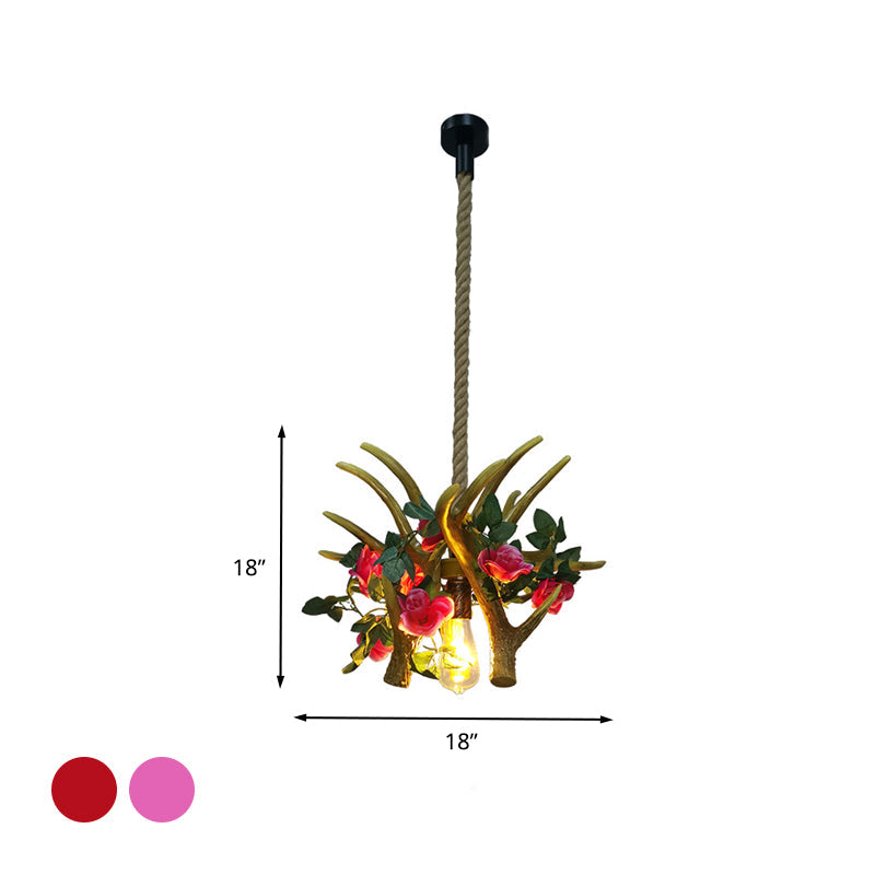 Antler Restaurant Pendant Lighting Industrial Metal 1 Bulb Pink/Red LED Flower Hanging Light Fixture Clearhalo 'Ceiling Lights' 'Industrial Pendants' 'Industrial' 'Middle Century Pendants' 'Pendant Lights' 'Pendants' 'Tiffany' Lighting' 392261