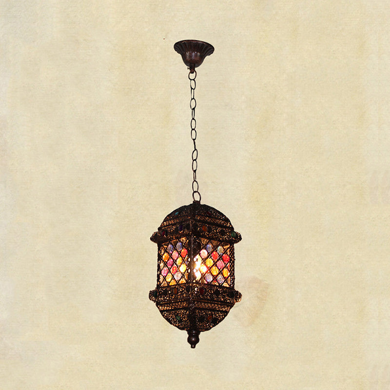 14"/17" Tall 1 Bulb Lantern Pendant Light Bohemian Bronze Metal Suspended Lighting Fixture for Living Room Clearhalo 'Ceiling Lights' 'Pendant Lights' 'Pendants' Lighting' 392935