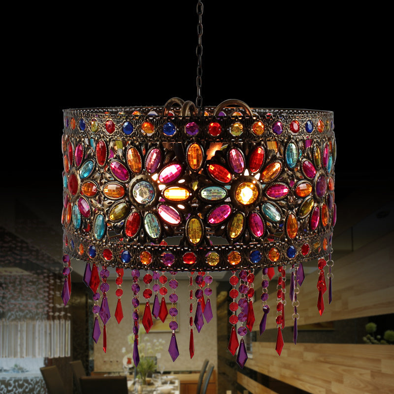 Drum Restaurant Chandelier Lighting Art Deco Metal 3 Bulbs White/Black Pendant Light Fixture with Crystal Accent Clearhalo 'Ceiling Lights' 'Chandeliers' Lighting' options 392937