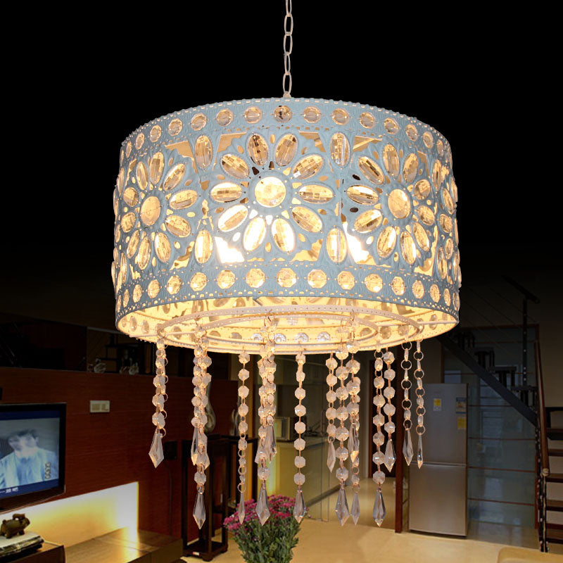 Drum Restaurant Chandelier Lighting Art Deco Metal 3 Bulbs White/Black Pendant Light Fixture with Crystal Accent Clearhalo 'Ceiling Lights' 'Chandeliers' Lighting' options 392942