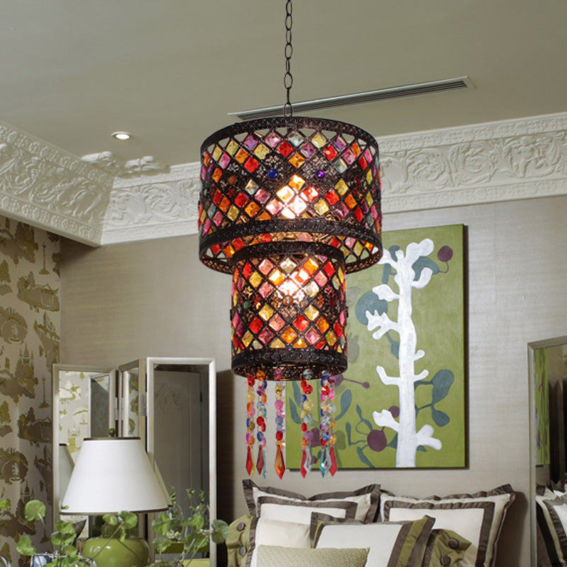 3 Lights Metal Chandelier Light Fixture Antique Black Cylinder/Oval Dining Room Suspension Lighting, 13"/18" Width Clearhalo 'Ceiling Lights' 'Chandeliers' Lighting' options 393028