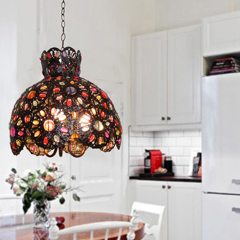 Scalloped Metal Chandelier Lighting Fixture Bohemian 3 Bulbs Living Room Ceiling Light in Black/Purple/Dark Purple Black Clearhalo 'Ceiling Lights' 'Chandeliers' Lighting' options 393043_516adfea-b029-4b63-99ea-630badc8070b