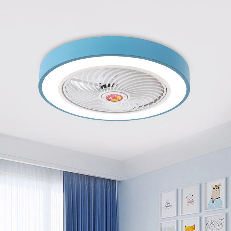 LED Pendant Fan Light Kids Living Room Semi Flush Mount with Round Acrylic Shade in Grey/White/Pink, 19.5" W Blue Clearhalo 'Ceiling Fans with Lights' 'Ceiling Fans' 'Kids Ceiling Fans' 'Kids' Lighting' 397964