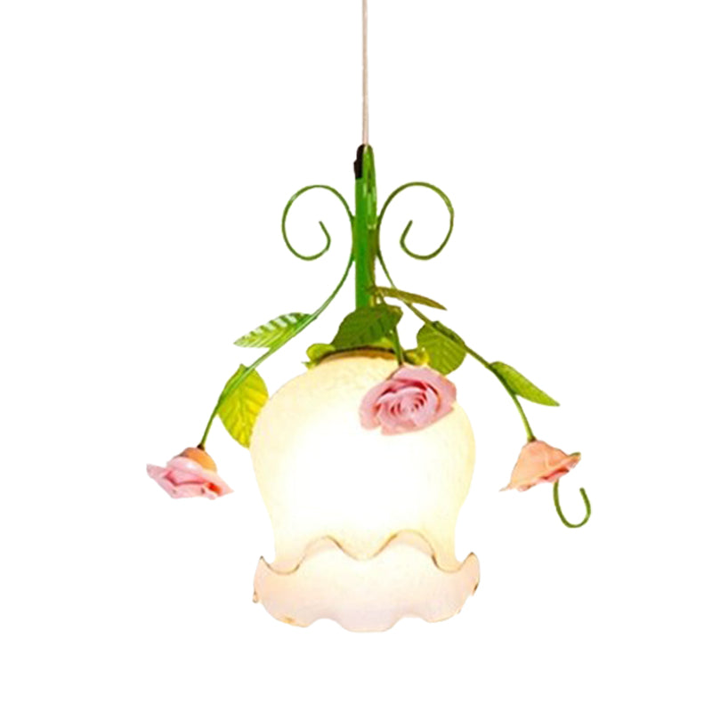 Metal Green Hanging Lamp Flower 1 Light Pastoral Suspension Pendant for Dining Room Clearhalo 'Art Deco Pendants' 'Cast Iron' 'Ceiling Lights' 'Ceramic' 'Crystal' 'Industrial Pendants' 'Industrial' 'Metal' 'Middle Century Pendants' 'Pendant Lights' 'Pendants' 'Tiffany' Lighting' 398099