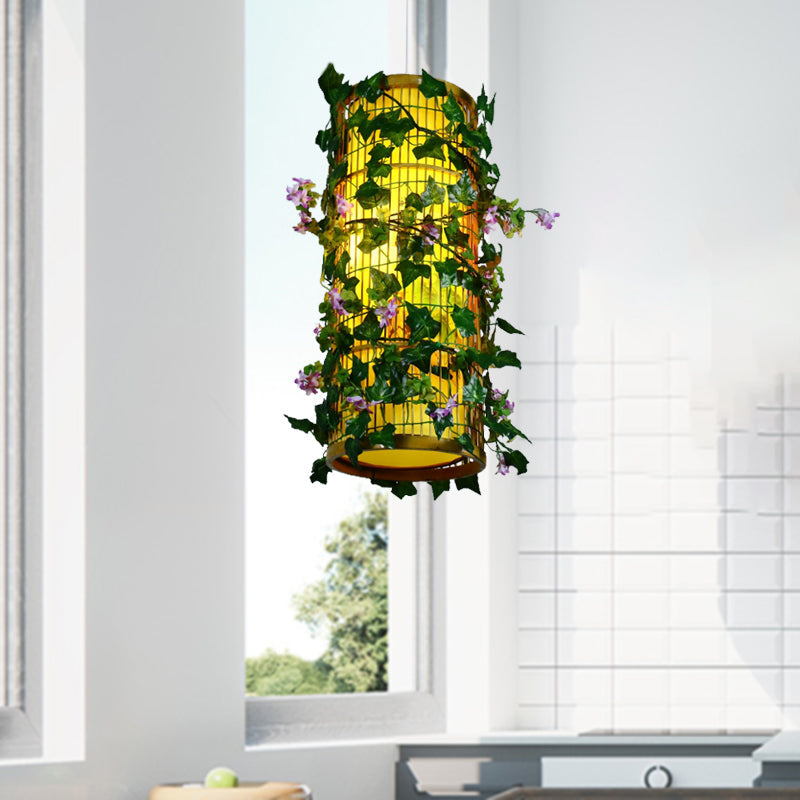 Green Cylinder/Cone/Oval Pendant Lighting Industrial Bamboo 1 Head Restaurant LED Hanging Light with Plant, 8"/14"/19" W Green 8" Clearhalo 'Ceiling Lights' 'Industrial Pendants' 'Industrial' 'Middle Century Pendants' 'Pendant Lights' 'Pendants' 'Tiffany' Lighting' 398126