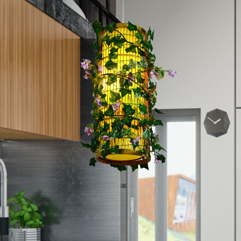 Green Cylinder/Cone/Oval Pendant Lighting Industrial Bamboo 1 Head Restaurant LED Hanging Light with Plant, 8"/14"/19" W Clearhalo 'Ceiling Lights' 'Industrial Pendants' 'Industrial' 'Middle Century Pendants' 'Pendant Lights' 'Pendants' 'Tiffany' Lighting' 398127