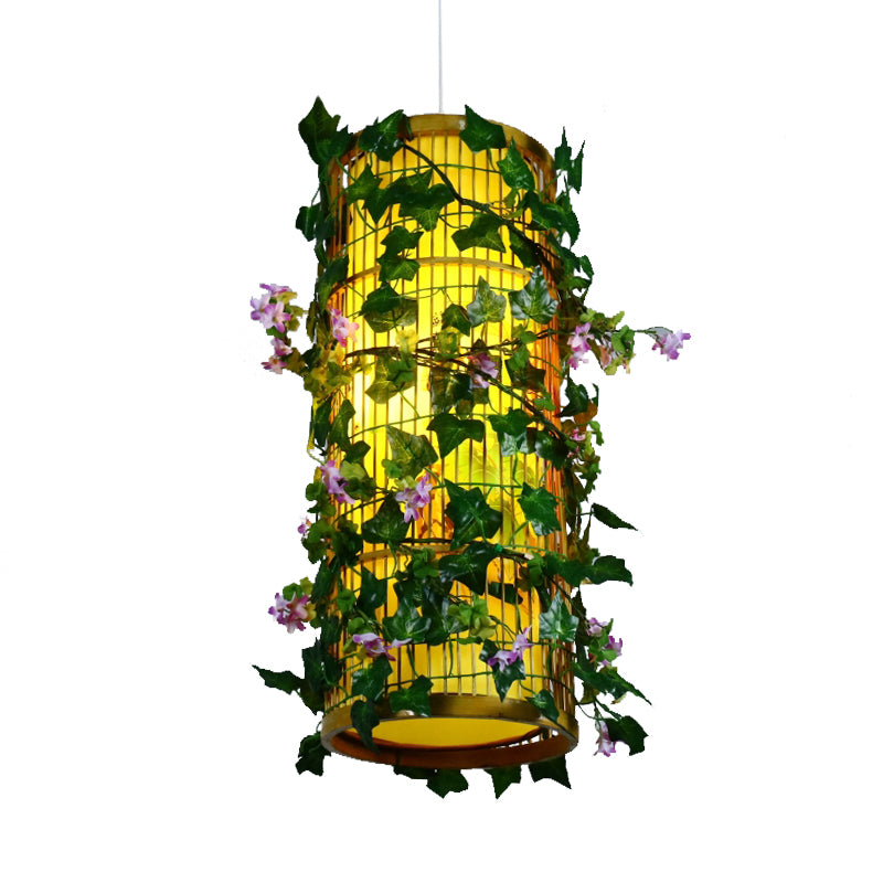 Green Cylinder/Cone/Oval Pendant Lighting Industrial Bamboo 1 Head Restaurant LED Hanging Light with Plant, 8"/14"/19" W Clearhalo 'Ceiling Lights' 'Industrial Pendants' 'Industrial' 'Middle Century Pendants' 'Pendant Lights' 'Pendants' 'Tiffany' Lighting' 398128