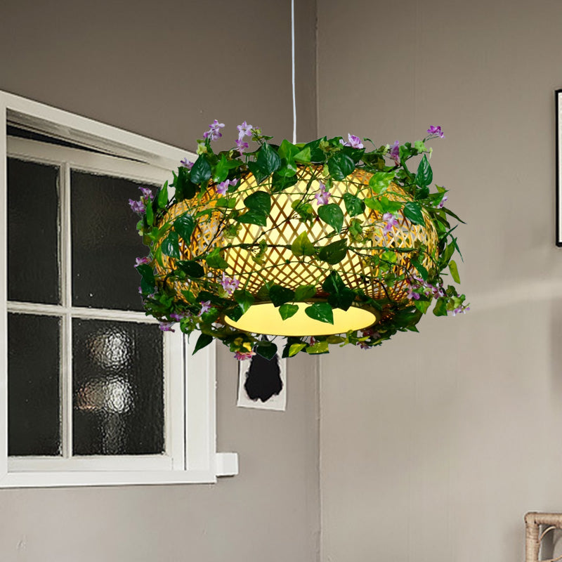 Green Cylinder/Cone/Oval Pendant Lighting Industrial Bamboo 1 Head Restaurant LED Hanging Light with Plant, 8"/14"/19" W Clearhalo 'Ceiling Lights' 'Industrial Pendants' 'Industrial' 'Middle Century Pendants' 'Pendant Lights' 'Pendants' 'Tiffany' Lighting' 398132