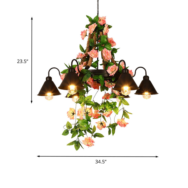 Metal Cone Chandelier Lamp Industrial 6/8 Lights Restaurant LED Ceiling Pendant in Black with Flower Decoration Clearhalo 'Cast Iron' 'Ceiling Lights' 'Chandeliers' 'Industrial Chandeliers' 'Industrial' 'Metal' 'Middle Century Chandeliers' 'Rustic Chandeliers' 'Tiffany' Lighting' 398169