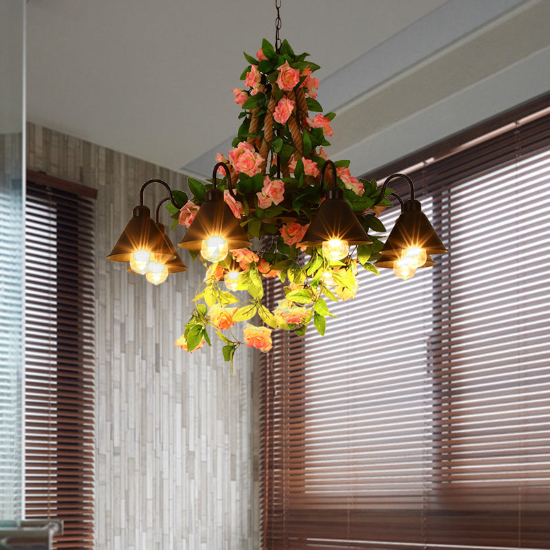 Metal Cone Chandelier Lamp Industrial 6/8 Lights Restaurant LED Ceiling Pendant in Black with Flower Decoration Clearhalo 'Cast Iron' 'Ceiling Lights' 'Chandeliers' 'Industrial Chandeliers' 'Industrial' 'Metal' 'Middle Century Chandeliers' 'Rustic Chandeliers' 'Tiffany' Lighting' 398171