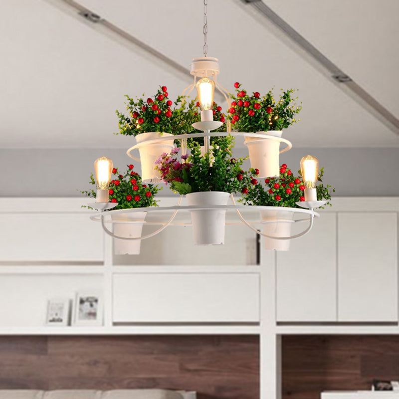 6 Lights 1/2 Tiers Chandelier Industrial Black/White Metal LED Plant Pendant Light for Restaurant Clearhalo 'Cast Iron' 'Ceiling Lights' 'Chandeliers' 'Industrial Chandeliers' 'Industrial' 'Metal' 'Middle Century Chandeliers' 'Rustic Chandeliers' 'Tiffany' Lighting' 398240