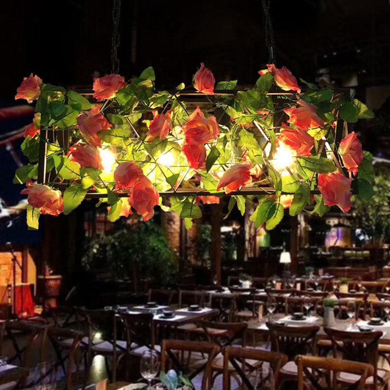 Metal Black Island Pendant Light Rectangular 4 Bulbs Industrial LED Ceiling Suspension Lamp with Rose Decor Black Clearhalo 'Ceiling Lights' 'Island Lights' Lighting' 398331