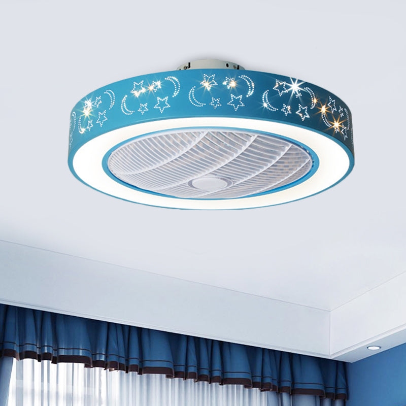 20.5" W LED Drum Pendant Fan Lighting Contemporary Pink/Blue Finish Acrylic Semi Flush Lamp with Moon and Star Pattern, 7 Blades Clearhalo 'Ceiling Fans with Lights' 'Ceiling Fans' 'Kids Ceiling Fans' 'Kids' Lighting' 398369