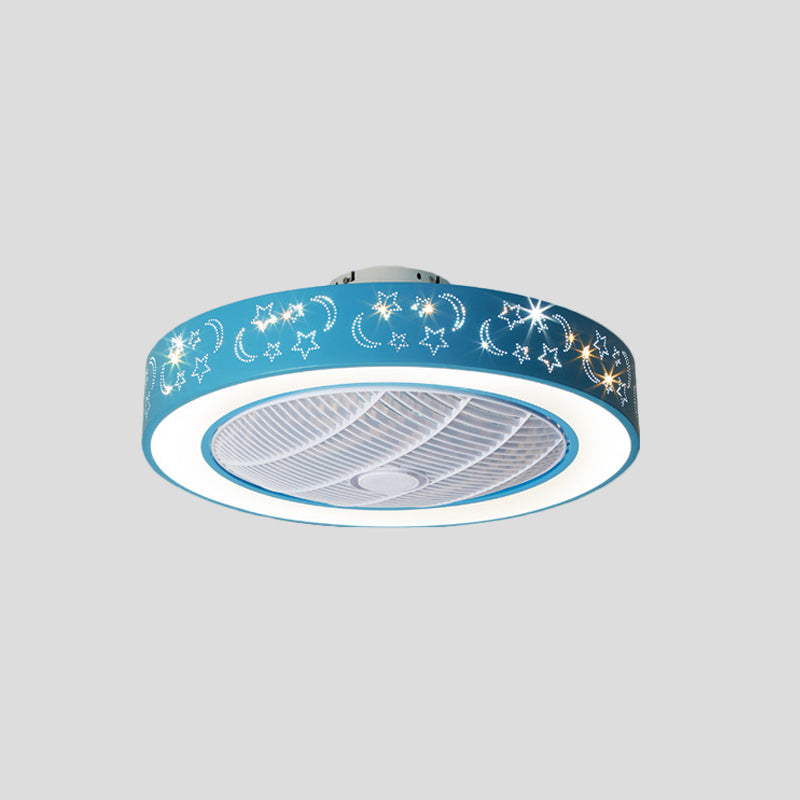 20.5" W LED Drum Pendant Fan Lighting Contemporary Pink/Blue Finish Acrylic Semi Flush Lamp with Moon and Star Pattern, 7 Blades Clearhalo 'Ceiling Fans with Lights' 'Ceiling Fans' 'Kids Ceiling Fans' 'Kids' Lighting' 398371
