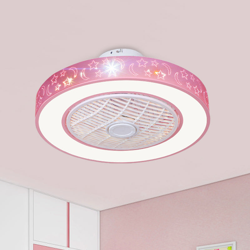 20.5" W LED Drum Pendant Fan Lighting Contemporary Pink/Blue Finish Acrylic Semi Flush Lamp with Moon and Star Pattern, 7 Blades Pink Clearhalo 'Ceiling Fans with Lights' 'Ceiling Fans' 'Kids Ceiling Fans' 'Kids' Lighting' 398373