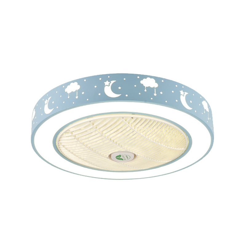 21.5" Wide LED Pendant Fan Light Modernism Living Room Semi Flush Mount with Drum Acrylic Shade in Pink/Blue/White Clearhalo 'Ceiling Fans with Lights' 'Ceiling Fans' 'Kids Ceiling Fans' 'Kids' Lighting' 398421