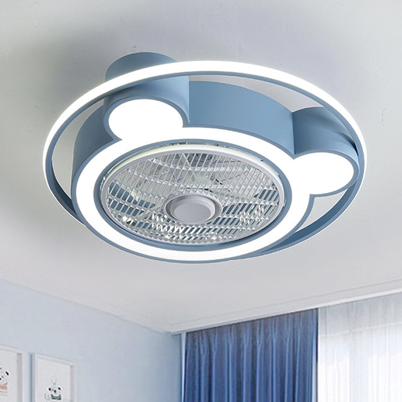 Modernism Bear Head Pendant Fan Lamp 21.5" Wide LED Acrylic Semi Flush Mounted Light in Pink/Blue with Ring Clearhalo 'Ceiling Fans with Lights' 'Ceiling Fans' 'Kids Ceiling Fans' 'Kids' Lighting' 398451