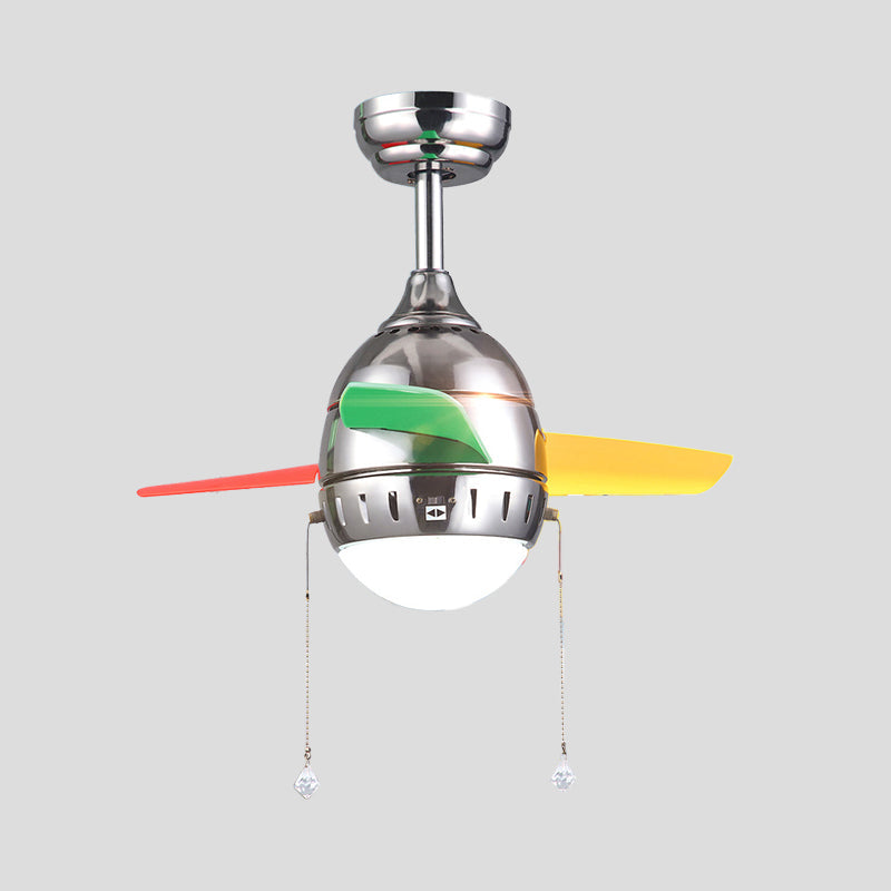 3 Blades LED Hanging Fan Lamp Modern Bedroom Semi Flush Light with Oval Acrylic Shade in Silver/White/Green, 26"/36" Wide Clearhalo 'Ceiling Fans with Lights' 'Ceiling Fans' 'Kids Ceiling Fans' 'Kids' Lighting' 398655