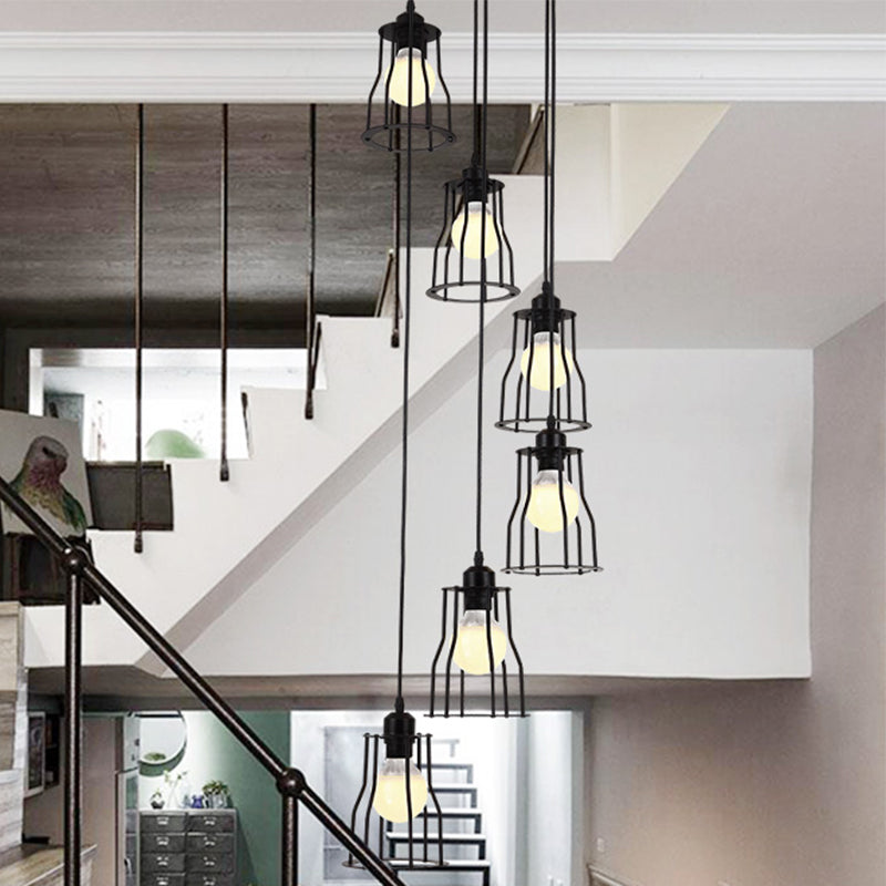Iron Wire Cage Multi Ceiling Light Industrial 6 Heads Stair Suspended Pendant Lamp in Black Clearhalo 'Art Deco Pendants' 'Black' 'Cast Iron' 'Ceiling Lights' 'Ceramic' 'Crystal' 'Industrial Pendants' 'Industrial' 'Metal' 'Middle Century Pendants' 'Pendant Lights' 'Pendants' 'Rustic Pendants' 'Tiffany' Lighting' 399112