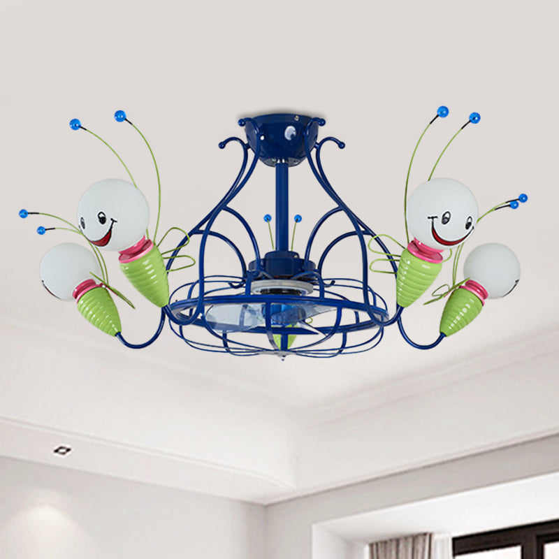 Modern Radial Hanging Fan Light Fixture 5 Heads Metallic 3 Blades Semi Flush Lamp in Blue for Bedroom, 30" Wide Clearhalo 'Ceiling Fans with Lights' 'Ceiling Fans' 'Kids Ceiling Fans' 'Kids' Lighting' 399269