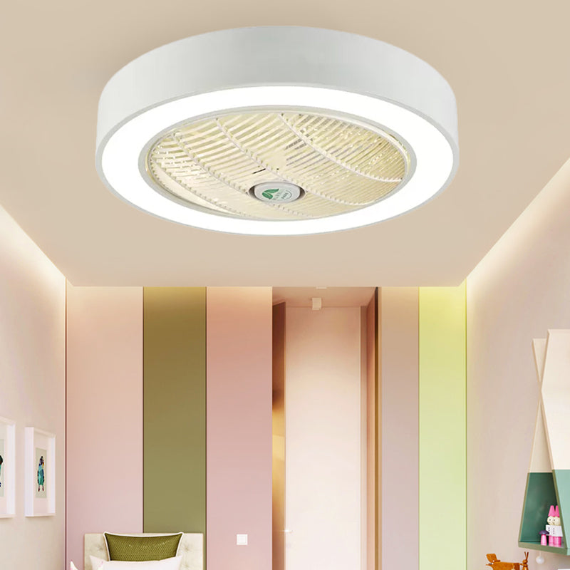 23.5" W LED Drum Fan Light Fixture Minimalist White/Black Finish Metallic 6 Blades Semi Flush Mounted Lamp for Bedroom Clearhalo 'Ceiling Fans with Lights' 'Ceiling Fans' 'Kids Ceiling Fans' 'Kids' Lighting' 399322